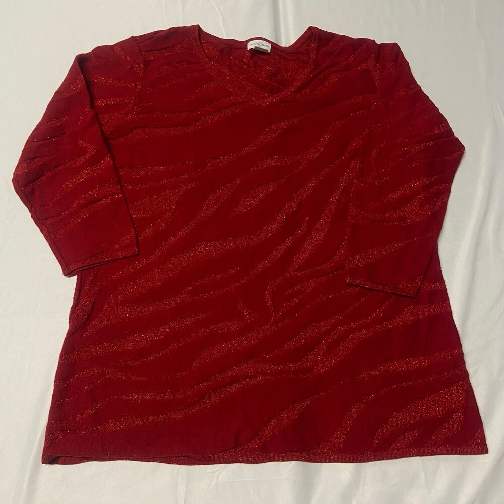 Jaclyn Smith Sweater V Neck Red Metallic Sparkles Size L 1990's Vintage Y2K